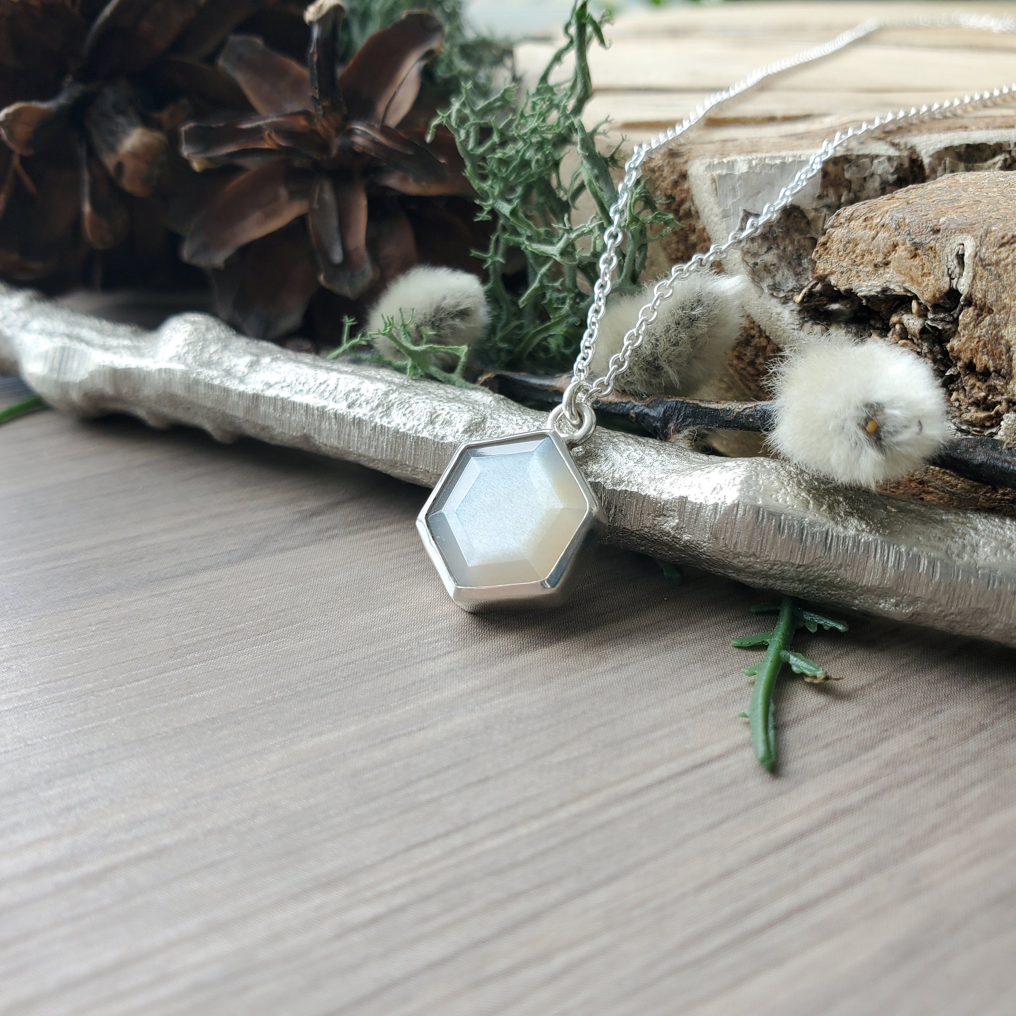 Grey Moonstone Necklace Flat Hexagon