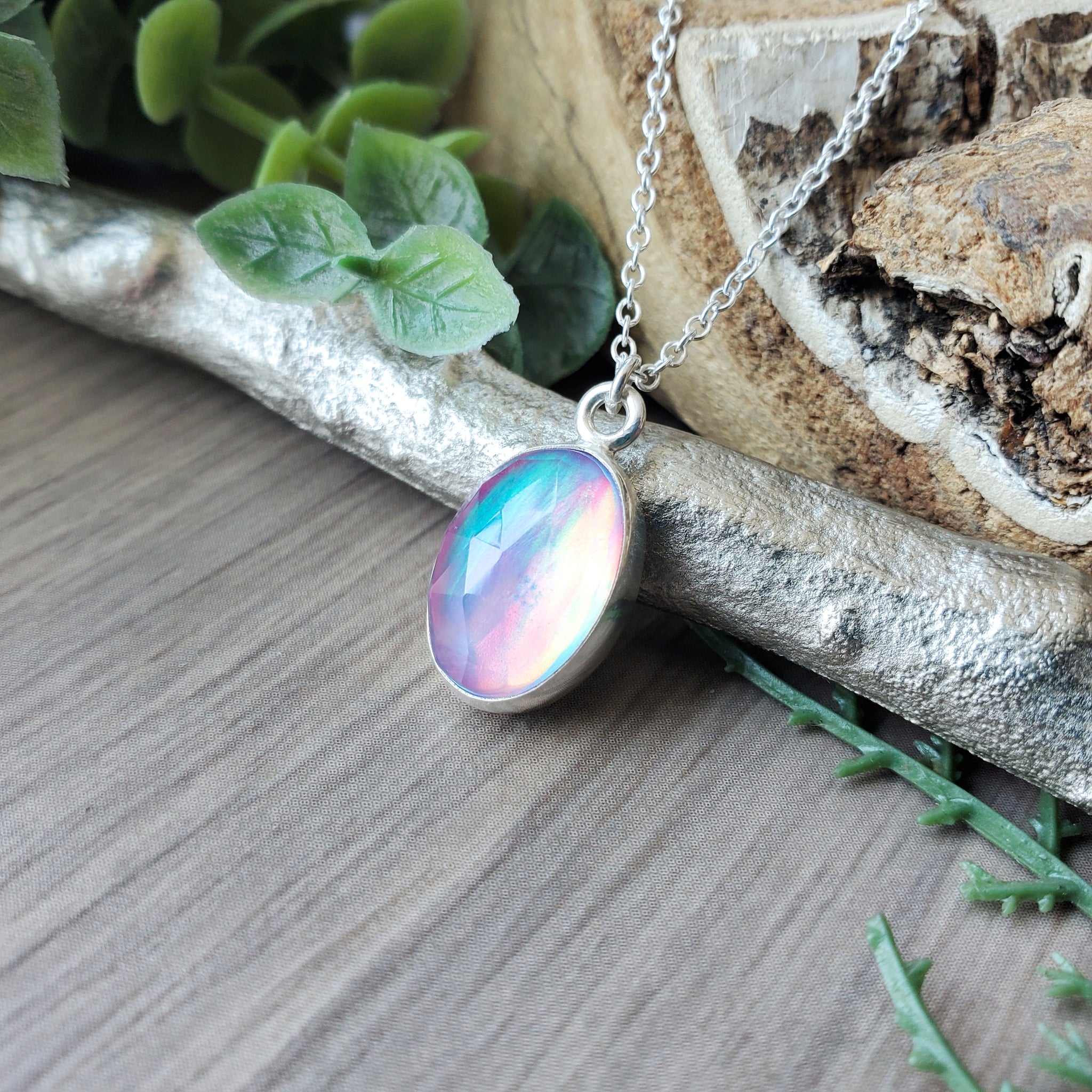 Opal Necklace - Faceted Oval Pendant, Sterling Silver Chain