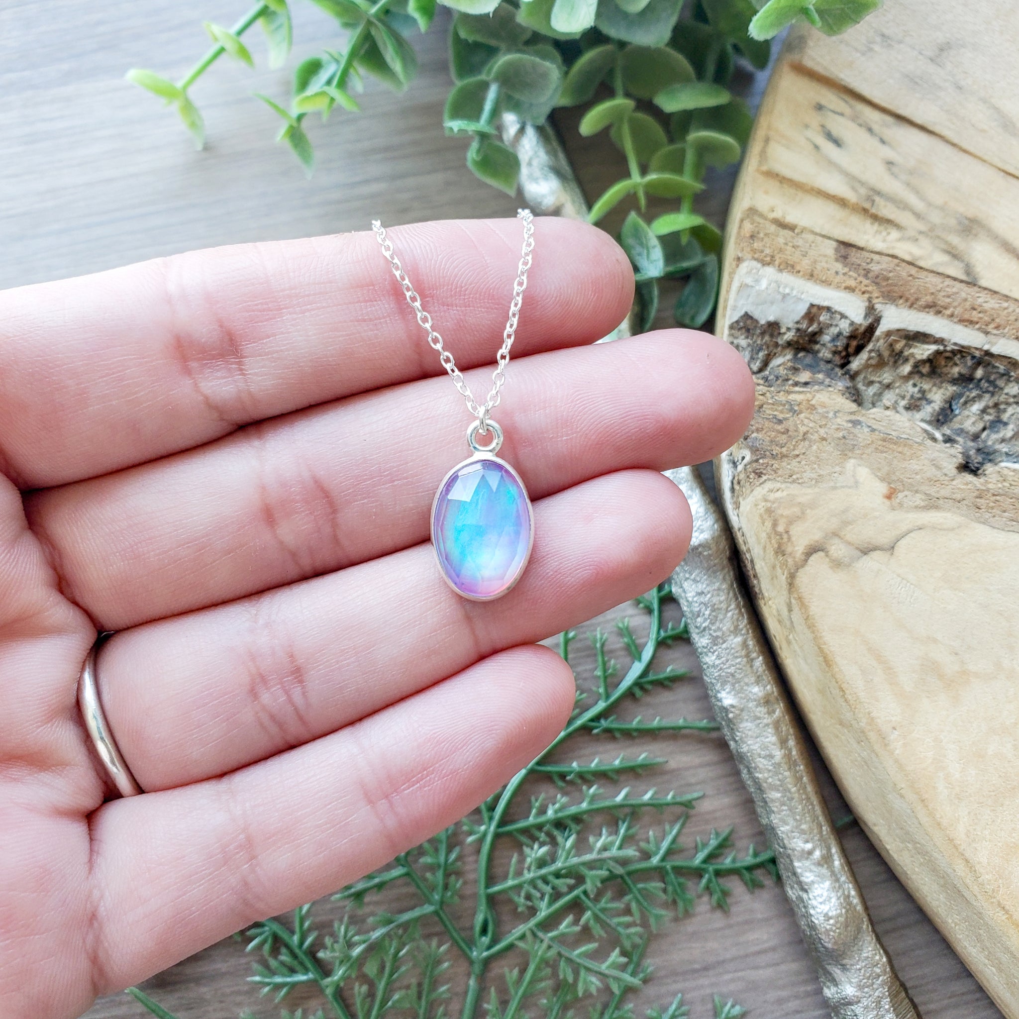 Opal Necklace - Faceted Oval Pendant, Sterling Silver Chain
