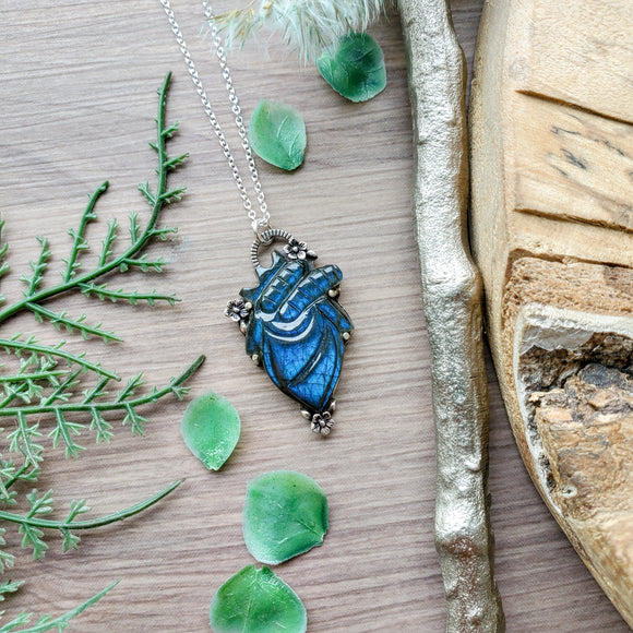 Anatomical Heart Necklace, Labradorite, Floral,