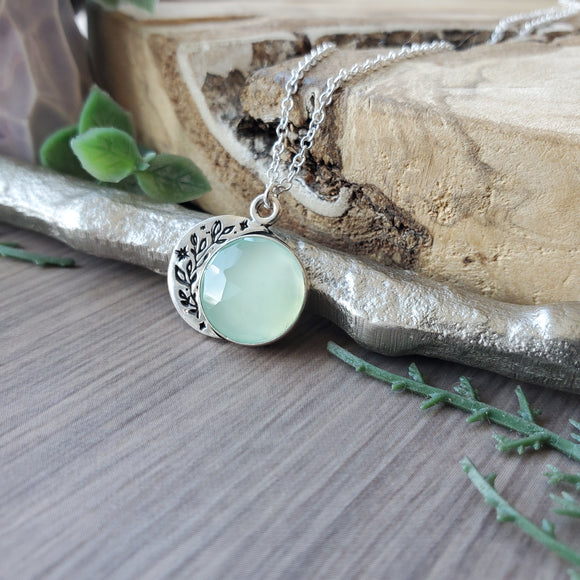 Floral Moon Necklace, Aqua Chalcedony
