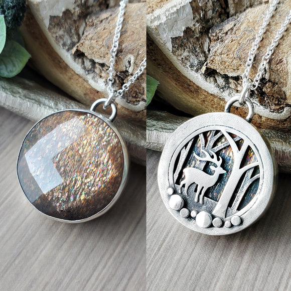Golden Shine Moonstone Necklace, Deer in the Woods