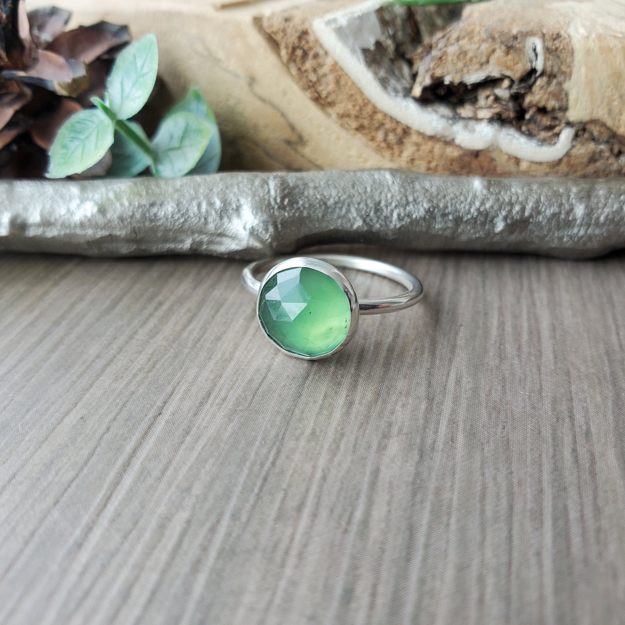 Round 10mm Sea Green Chalcedony Ring Sterling Silver