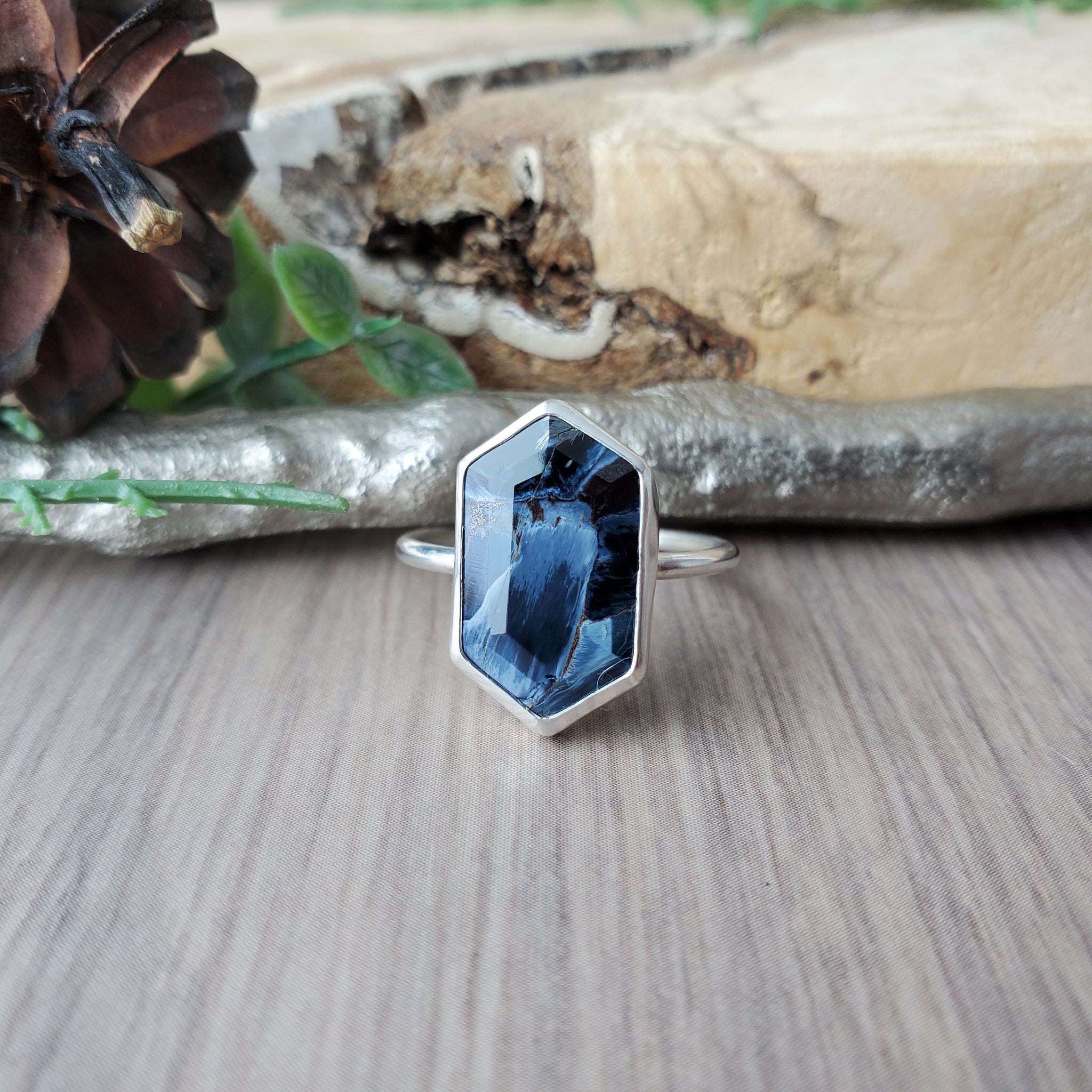 Pietersite Ring Long Hexagon Silver Moose Arts