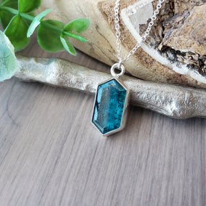 Moss Kyanite Necklace, Teal, Long Hexagon
