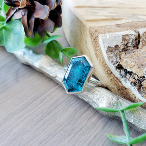 Teal Moss Kyanite Ring, Long Hexagon