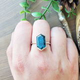 Teal Moss Kyanite Ring, Long Hexagon