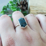 Teal Moss Kyanite Ring, Long Hexagon