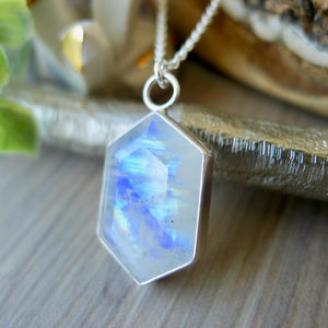 Moonstone Necklace, Long Hexagon, Flat Top
