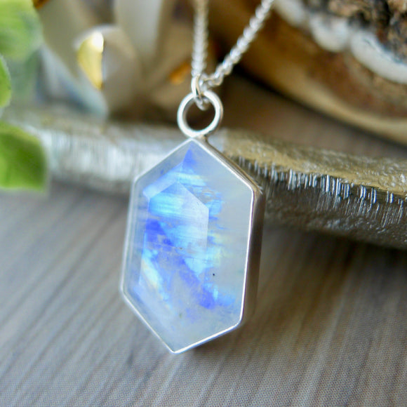 Moonstone Necklace, Long Hexagon, Flat Top