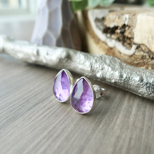 Amethyst Studs, Tear Drop, Faceted
