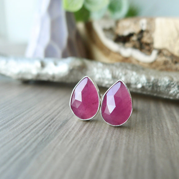 Ruby Studs, Tear Drop, Faceted