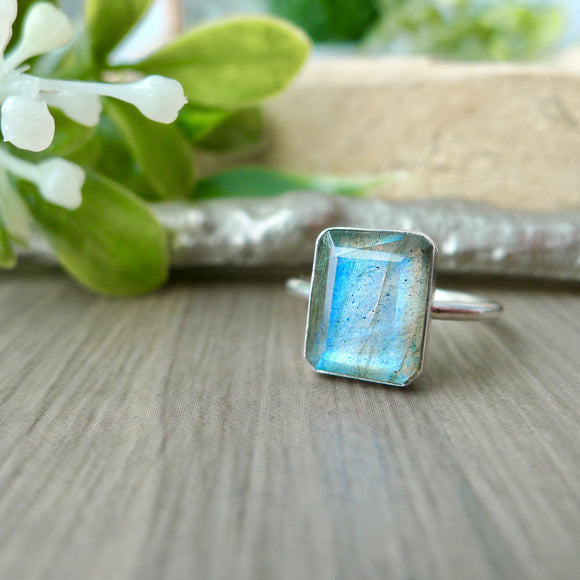 Labradorite Ring, Emerald Cut