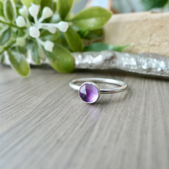 Amethyst Ring, Faceted Round, 6mm