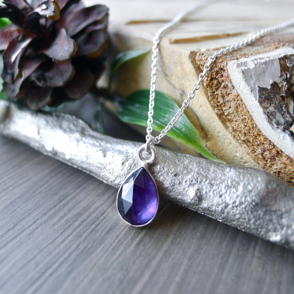 Amethyst Necklace, Tear Drop, Faceted