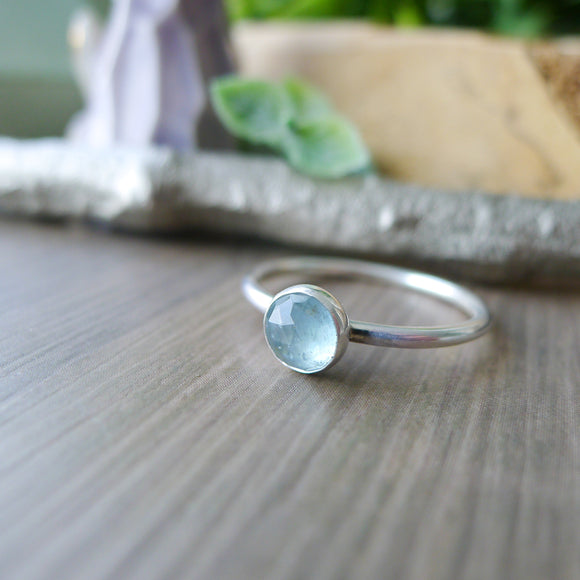 Aquamarine Ring, Faceted Round, 6mm