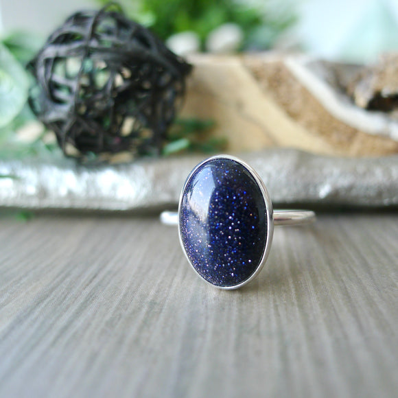 Blue Goldstone Ring, Smooth Oval, Large